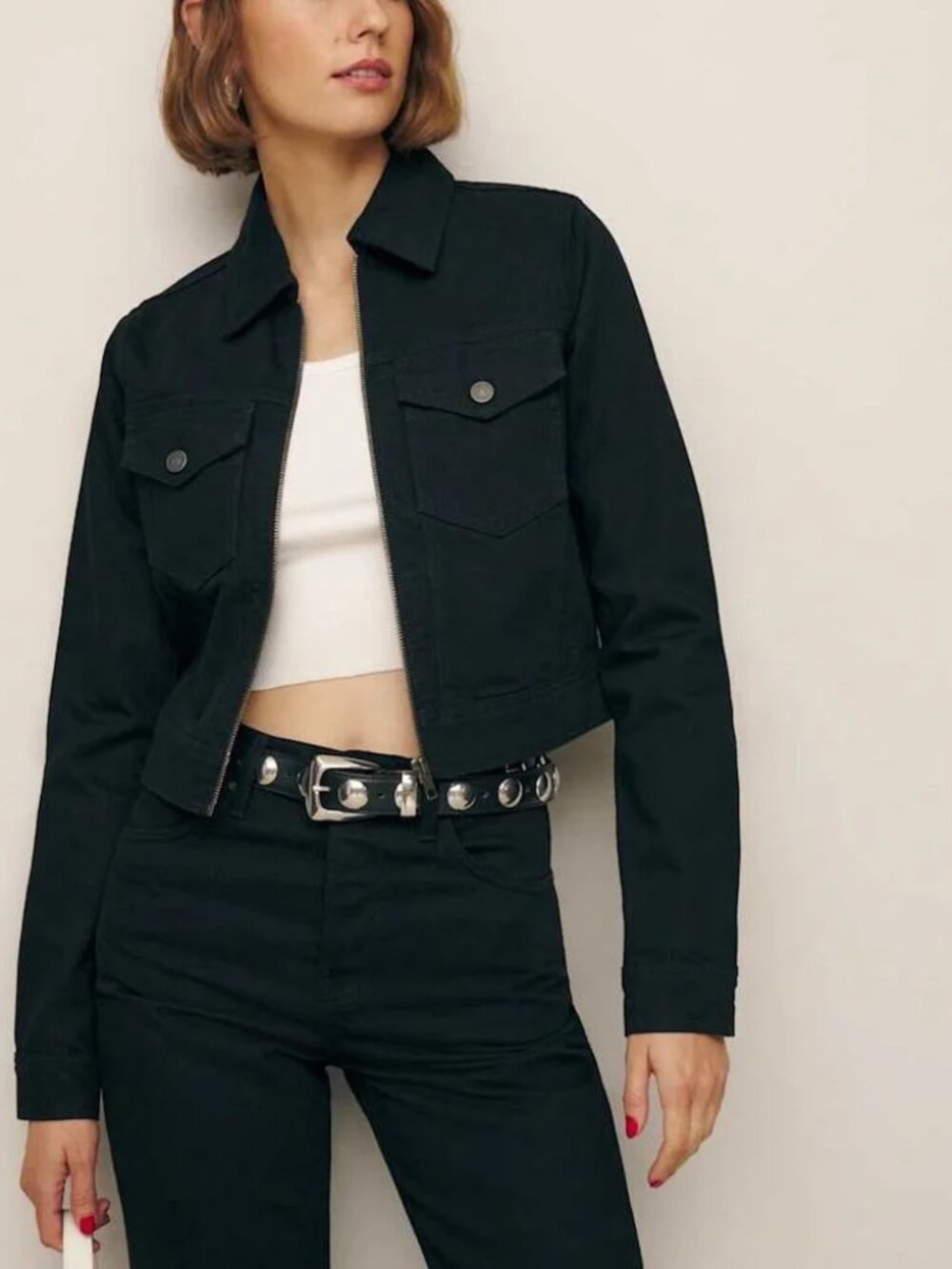 NWT - Reformation x Camille Rowe Romy Zip Up Denim Jacket - Black - L